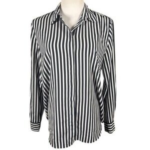HM Womens Navy Blue White Vertical Stripe Button Down Shirt Size 8 Long Sleeve